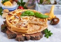 Quiche open tart pie with chicken meat, forest mushrooms, onion and cheese